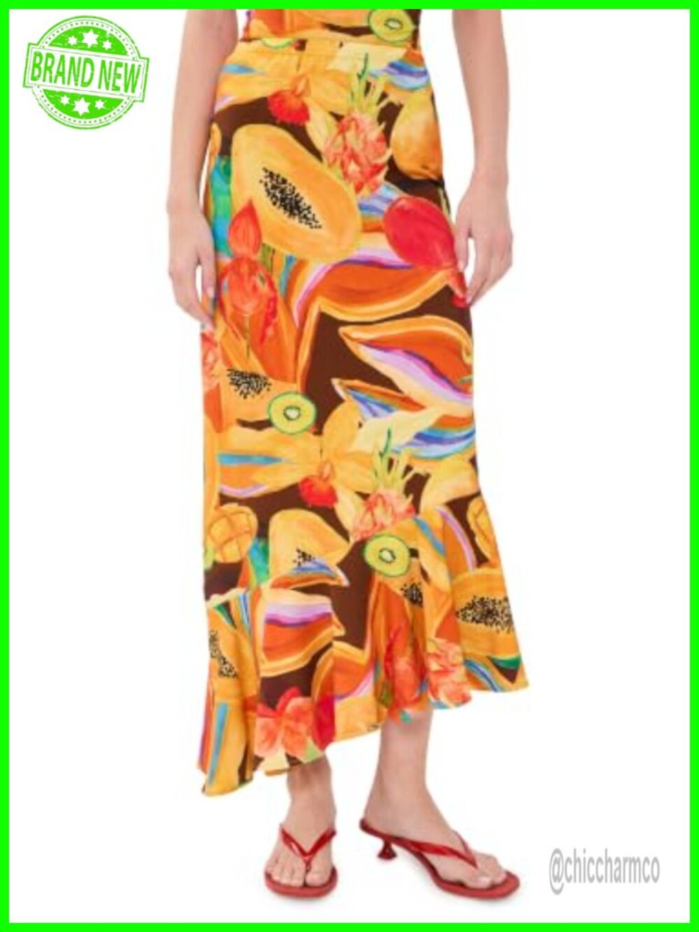 Asymmetric Midi Skirt Fruit Print High Stretch Lightweight Cotton Elastane Work